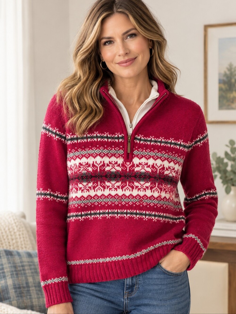 Croft & Barrow Fair Isle Quarter Zip Sweater Red Nordic Preppy